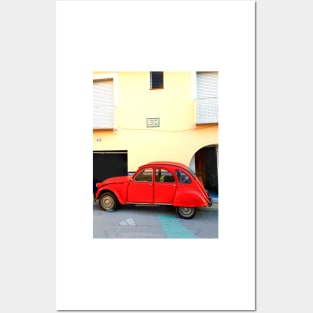 Red Citroen CV2 small red car parked outside yellow building old0fashioned,collect Posters and Art